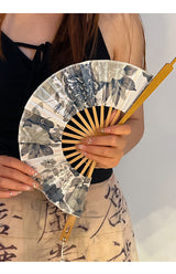 2 PCS Floral Bamboo Folding Hand Fan - Traditional Chinese Style Round Folding Design (Elegant ink flower) - Top-Down View