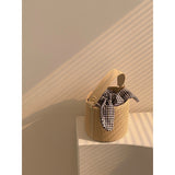 Woven Straw Bucket Bag with Gingham Bow Accent - Mini Top Handle & Crossbody - 45-Degree Angle