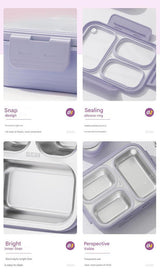 Purple 3-Compartment Stainless Steel Bento Lunch Box - Leak-Proof, for Kids & Adults for School & Office - 45-Degree Angle