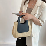 Retro Straw Tote Bag - Woven Handbag with Contrast Panel & Round Handles - Front View