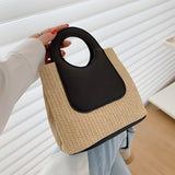 Retro Straw Tote Bag - Woven Handbag with Contrast Panel & Round Handles