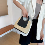 Retro Straw Tote Bag - Woven Handbag with Contrast Panel & Round Handles - Top-Down View