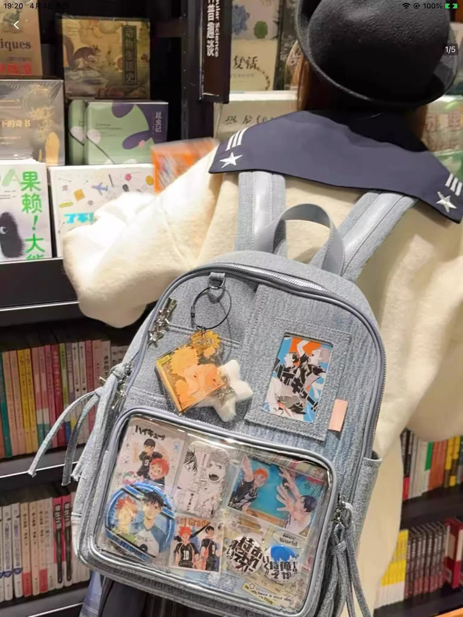 Light blue Large Capacity Anime Denim Bookbag for School Commute  Anime Fans