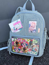 Light blue Large Capacity Anime Denim Bookbag for School Commute  Anime Fans - Side View