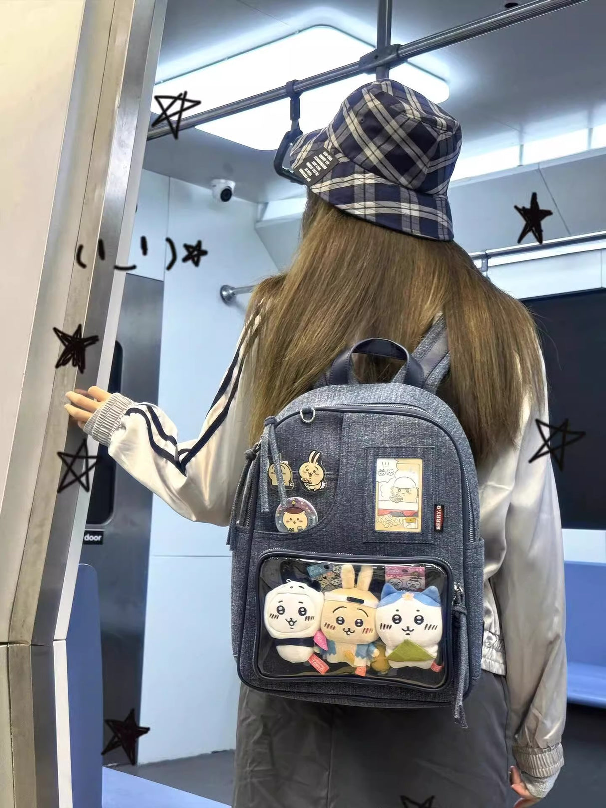 Dark blue Large Capacity Anime Denim Bookbag for School Commute  Anime Fans