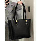 Classic Black PU Leather Tote Bag - Large Capacity Shoulder Bag - Front View