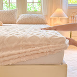 Beige Ultra Soft Plush Fitted Sheet - Winter Warm Plush Bed Sheet Embossed Diamond Pattern (150x200cm) - Side View