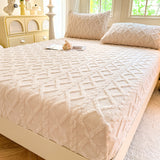 Beige Ultra Soft Plush Fitted Sheet - Winter Warm Plush Bed Sheet Embossed Diamond Pattern (180x200cm) - Top-Down View