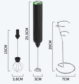 Black USB Rechargeable Milk Frother - 3-Speed Handheld Electric Whisk with Stand - Rear View