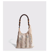 Vintage Rose Floral Shoulder Bag - 3D Fabric Flowers, Wooden Bead Handle Tote
