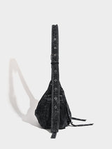 Distressed Black Denim Messenger Bag - Rivet Detail, Adjustable Strap, Large Streetwear Tote - Front View