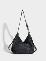 Distressed Black Denim Messenger Bag - Rivet Detail, Adjustable Strap, Large Streetwear Tote