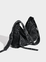 Distressed Black Denim Messenger Bag - Rivet Detail, Adjustable Strap, Large Streetwear Tote