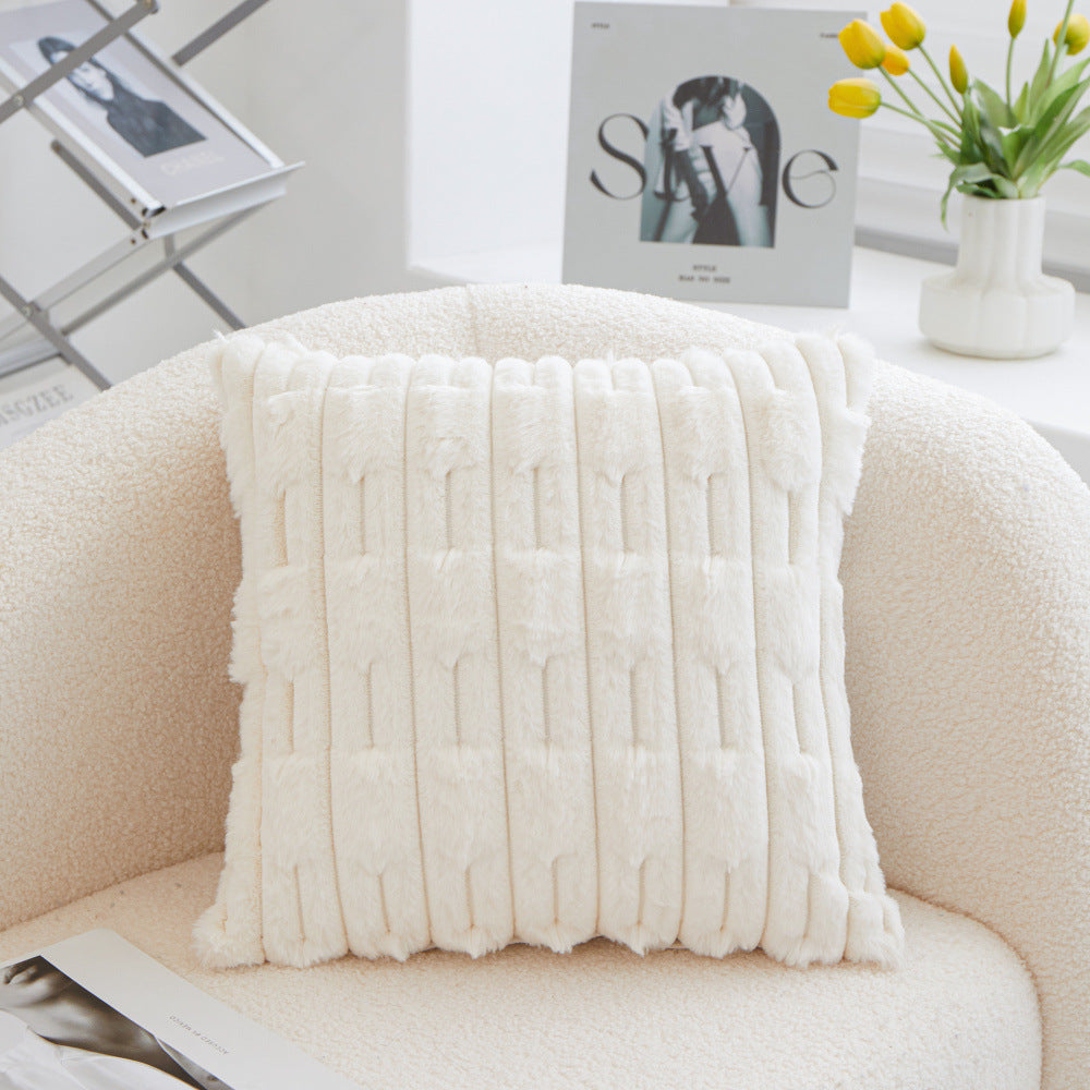 A pair of White Plush Faux Rabbit Fur Throw Pillow Cover - Textured Wheat Ear Design (45x45cm)