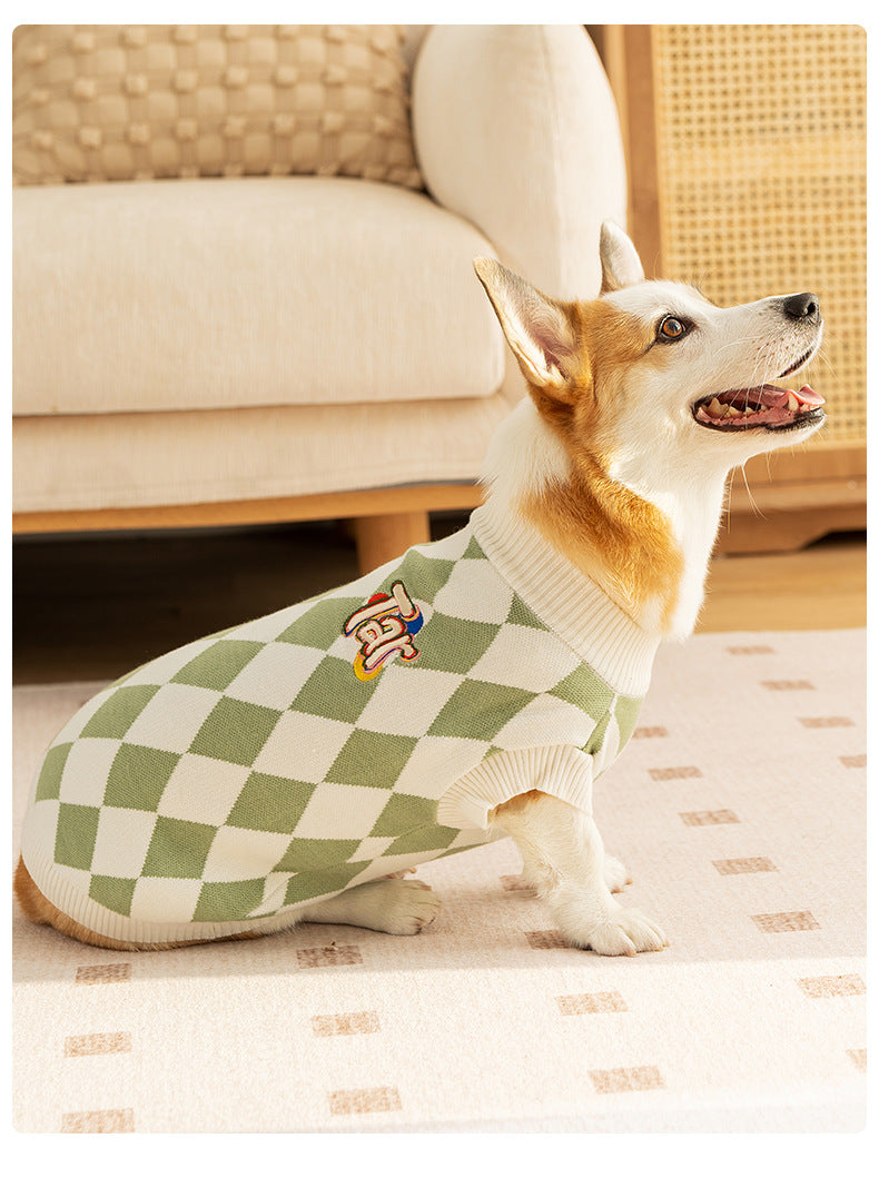 Classic Argyle Dog Sweater - Green & White Knit for Corgis & Medium Breeds (Size : L)