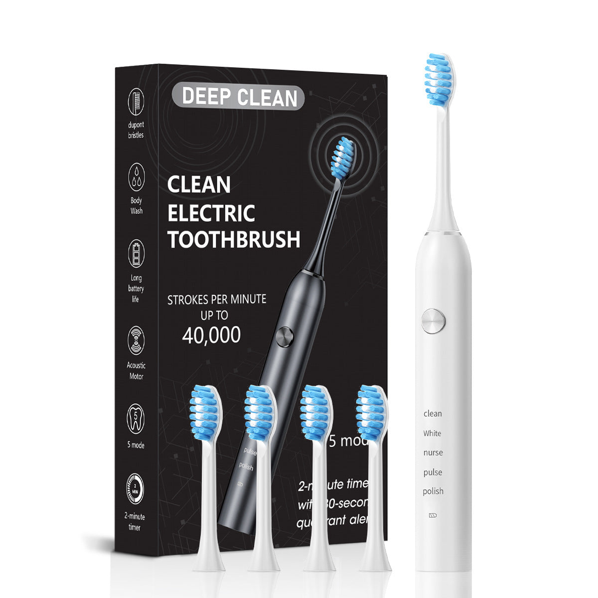 White Professional Sonic Toothbrush for Adults - 5 Modes, Smart Timer (4 brush heads)
