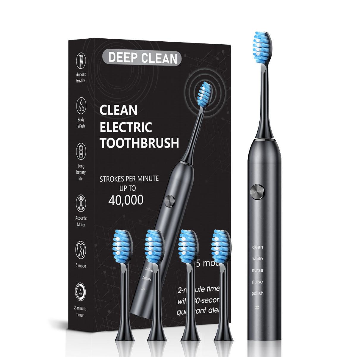 Black Professional Sonic Toothbrush for Adults - 5 Modes, Smart Timer (4 brush heads)