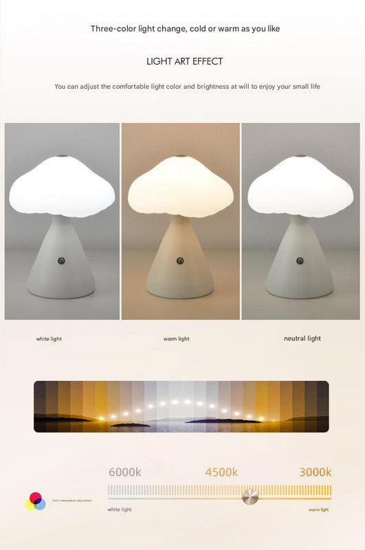 Black Mushroom LED Table Lamp - Rechargeable, 3-Color Touch Dimmable, USB-C