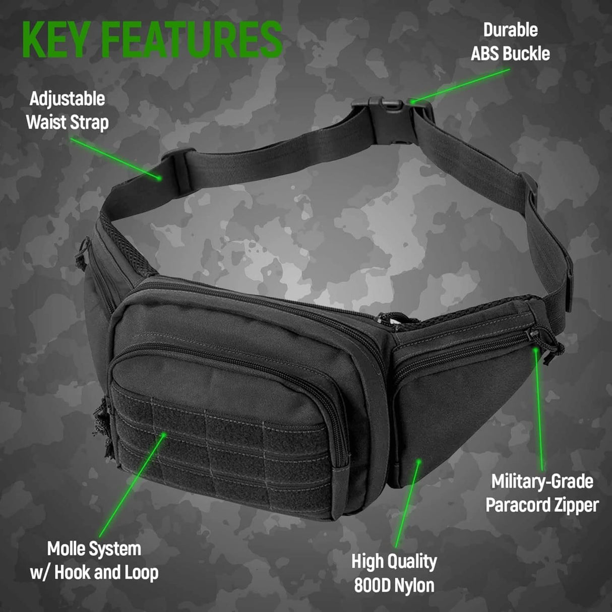 Black Rugged Tactical Waist Pack - MOLLE Outdoor Fanny Bag for Hiking Cycling & Travel