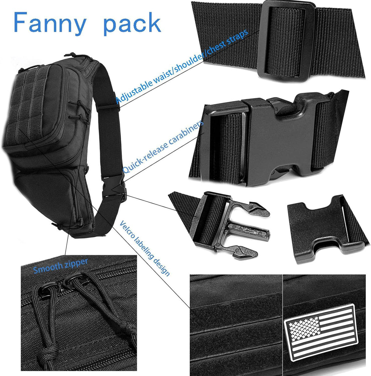 Black Rugged Tactical Waist Pack - MOLLE Outdoor Fanny Bag for Hiking Cycling & Travel