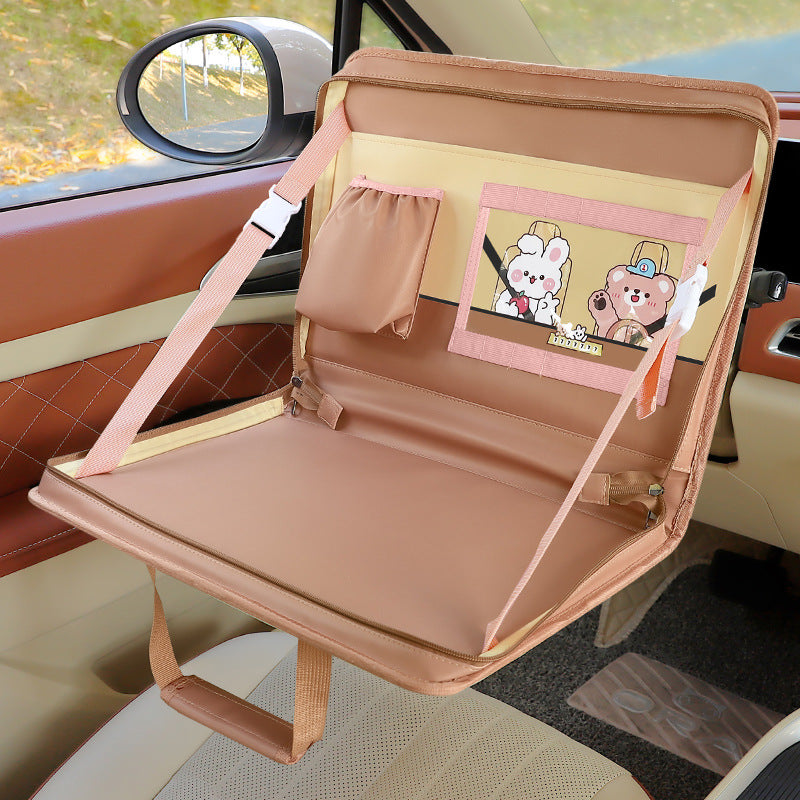 Brown Foldable Car Back Seat Organizer Tray - PU Leather Travel Desk with Tablet Holder