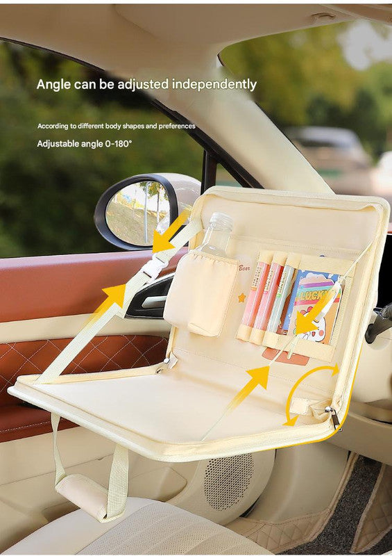 Brown Foldable Car Back Seat Organizer Tray - PU Leather Travel Desk with Tablet Holder