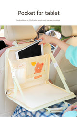 Yellow Foldable Car Back Seat Organizer Tray - PU Leather Travel Desk with Tablet Holder - Top-Down View