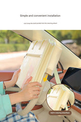 Yellow Foldable Car Back Seat Organizer Tray - PU Leather Travel Desk with Tablet Holder - Low Angle