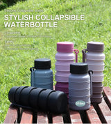 Pink Collapsible Silicone Water Bottle - 510ml Portable Food-Grade Travel & Sports Drink Flask - Side View