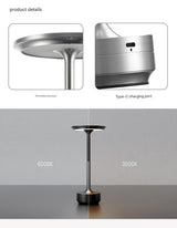 Black Elegant Aluminum Alloy Rechargeable LED Touch Lamp - 3-Color Dimmable Cordless Table Light - 45-Degree Angle