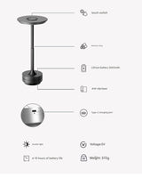 Black Elegant Aluminum Alloy Rechargeable LED Touch Lamp - 3-Color Dimmable Cordless Table Light - Rear View