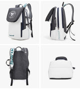 Grey and White Multifunctional Tennis & Badminton Backpack - Waterproof Racket Bag with Shoe Compartment - Side View