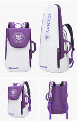 Purple and White Multifunctional Tennis & Badminton Backpack - Waterproof Racket Bag with Shoe Compartment - Front View