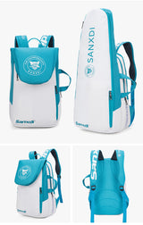 Blue and White Multifunctional Tennis & Badminton Backpack - Waterproof Racket Bag with Shoe Compartment - Front View