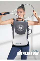 Blue and White Multifunctional Tennis & Badminton Backpack - Waterproof Racket Bag with Shoe Compartment - Close-Up Angle