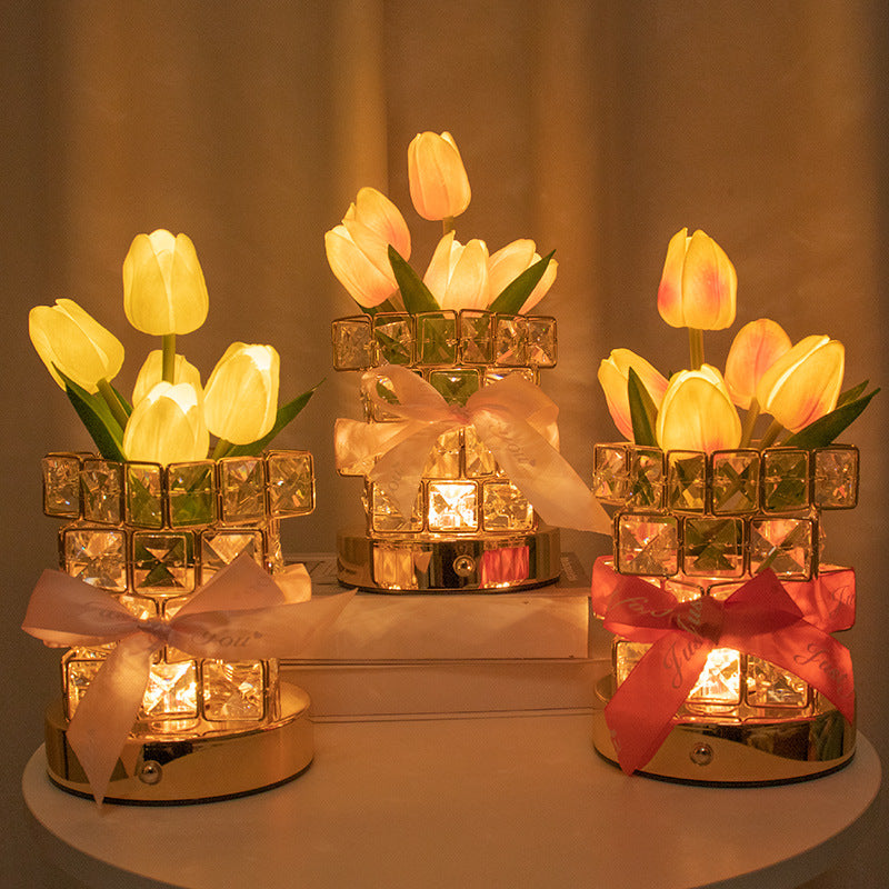 Red Elegant Crystal Tulip LED Night Light - Rechargeable Touch Lamp with 3 Colors & Dimming