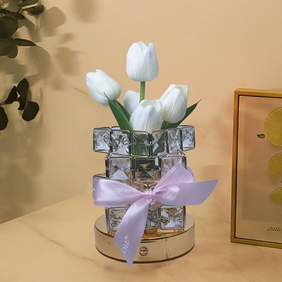 Pink Elegant Crystal Tulip LED Night Light - Rechargeable Touch Lamp with 3 Colors & Dimming
