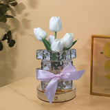 Pink Elegant Crystal Tulip LED Night Light - Rechargeable Touch Lamp with 3 Colors & Dimming - Low Angle