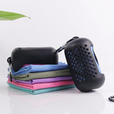 Dark Blue Quick Dry Cooling Towel Set (2 Pack) - Microfiber Sport Towels with Silicone Cases & Carabiners - Top-Down View