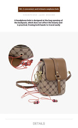 Brown Chic Checkered Mini Crossbody Phone Purse - PU Leather Vertical Shoulder Bag with Headphone Port - Front View