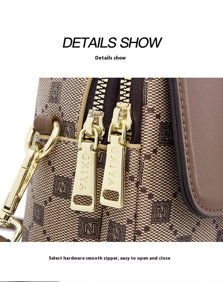 Brown and Black Chic Checkered Mini Crossbody Phone Purse - PU Leather Vertical Shoulder Bag with Headphone Port