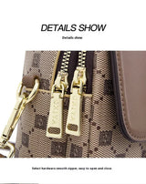 Brown and Black Chic Checkered Mini Crossbody Phone Purse - PU Leather Vertical Shoulder Bag with Headphone Port - Close-Up Angle