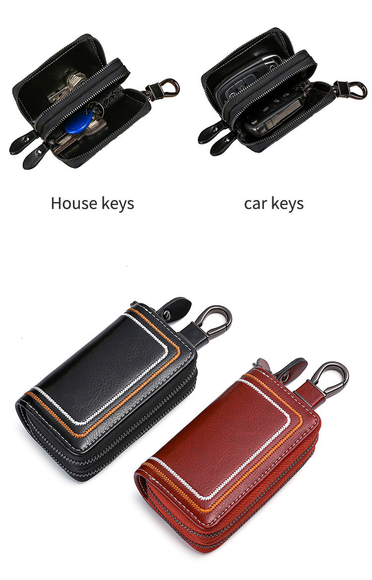 Black Premium Genuine Leather Double Zipper Key Case - Car & House Key Organizer Pouch