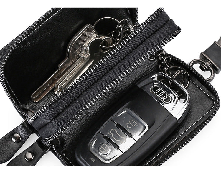 Black Premium Genuine Leather Double Zipper Key Case - Car & House Key Organizer Pouch
