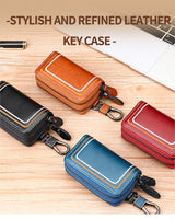 Brown Premium Genuine Leather Double Zipper Key Case - Car & House Key Organizer Pouch - Front View