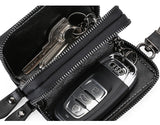 Brown Premium Genuine Leather Double Zipper Key Case - Car & House Key Organizer Pouch - Close-Up Angle
