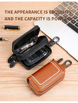 Red Premium Genuine Leather Double Zipper Key Case - Car & House Key Organizer Pouch - Side View