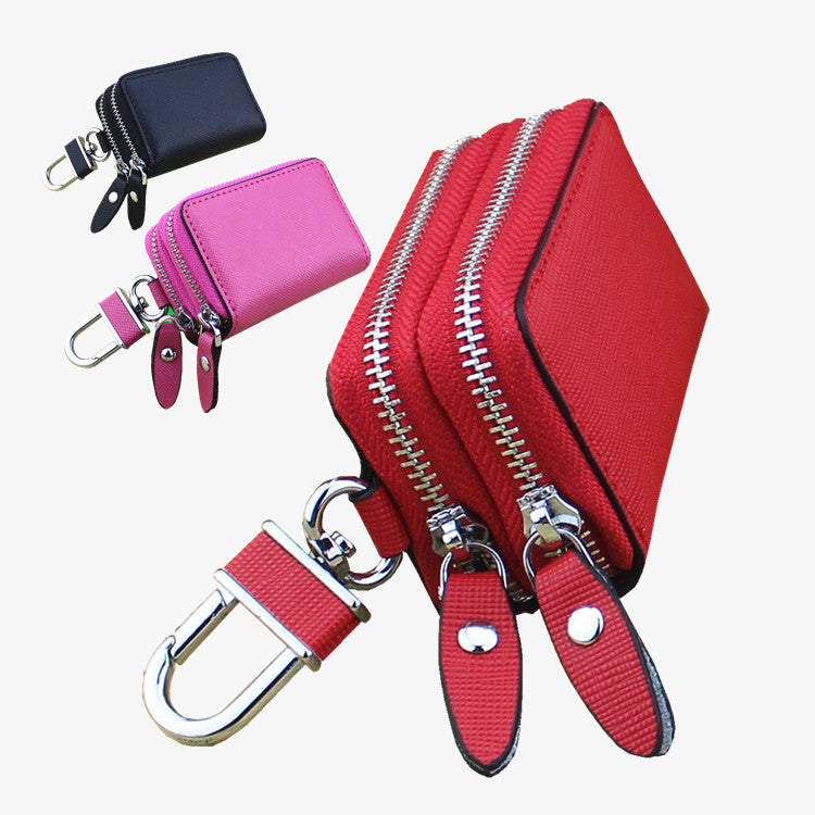 White Compact Crossgrain Leather Double Zipper Key Case - Stylish Car & Home Key Organizer
