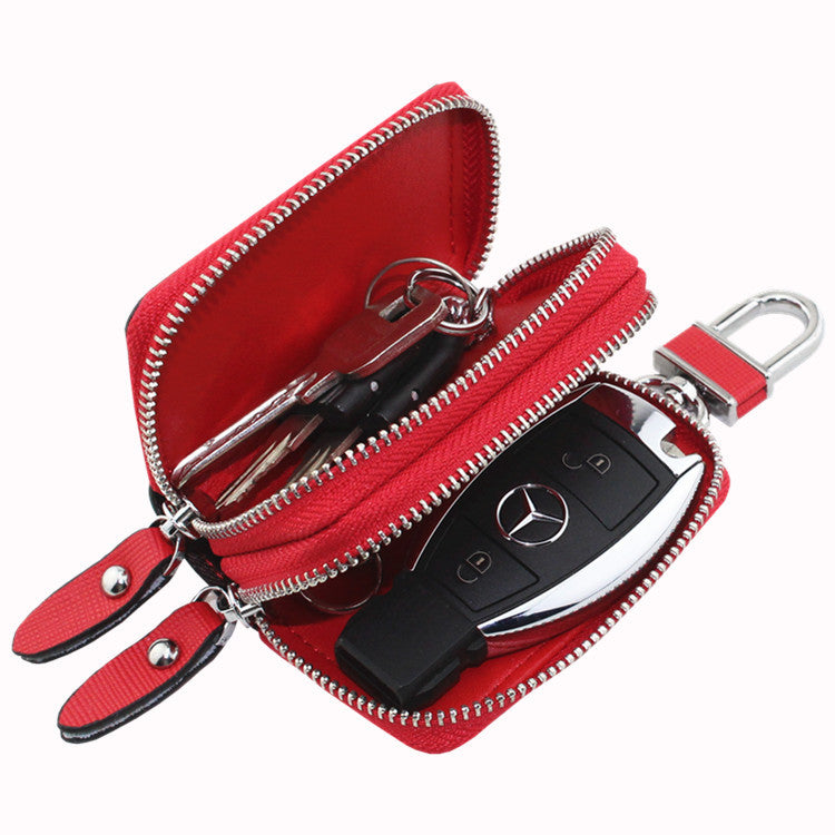 White Compact Crossgrain Leather Double Zipper Key Case - Stylish Car & Home Key Organizer