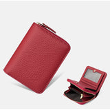 Red Compact RFID Genuine Leather Wallet for Women - Secure Zipper Card Holder & Coin Purse